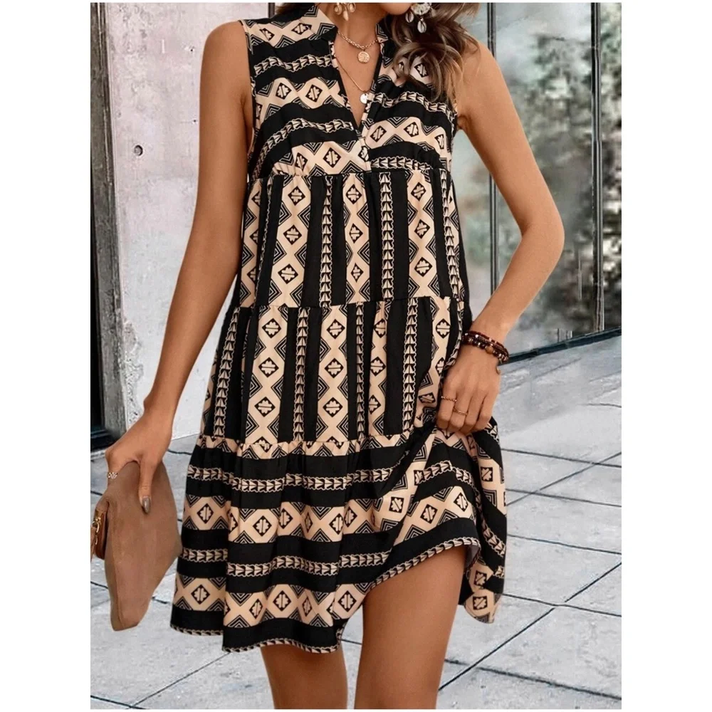 Boho Geo Print Sleeveless Ruffle Dress - Picture 9 of 12